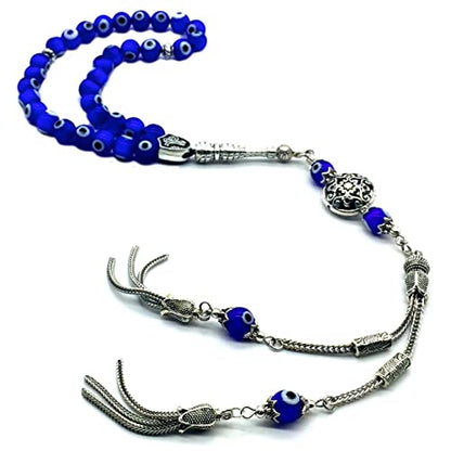 Design - New Long & Stylist Tassels Worry Beads - Prayer Beads (8 mm-33 Beads) Tesbih-Tasbih-Tasbeeh-Misbaha-Subha-Sebha-Sibha-Rosary (Evil Eye - Twin Tassel) - color: Evil Eye - Twin Tassel