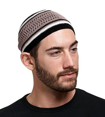 Breathable Cotton Stretchy Kufi for Men in Cool Designs - Helmet Liner - color: Black and Khaki With White Stripes