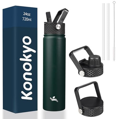 Konokyo Insulated Water Bottle 24oz Stainless Steel Sport Bottles with 3 Lids,Army Green - color: Army Green, size: 24 Ounces