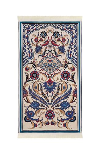 SODEF Prayer Rug Goblen Seccade Blue Tile Design, Soft Chenille Base, Traditional Islamic Prayer Mat for Women, Girls, Home Decor, Travel, 27.5 x 43.3 inches - Red, 28x43 inch