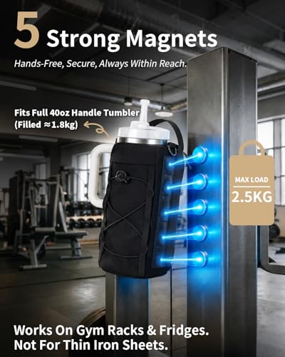 sportsnew 40oz Insulated Crossbody Water Bottle Bag Gym Hiking Phone Pocket | Water-resistant Lining, Padded Strap, Top Handle, Drawstring, Phone Pocket, Elastic Slots, Built-In Key Clip for Gym Walking - color: Deep Black -Magnetic