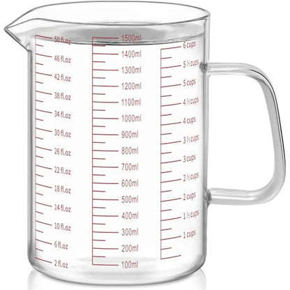 Luvan 6 Cups Glass Measuring Cup, Easy to Read with 3 measurement scales (Ml/Oz/Cup), Insulated Handle and V-shaped Spout, High Borosilicate Glass Measuring Cup, Ideal for Kitchen or Restaurant - color: 50Oz/6Cups/1.5L