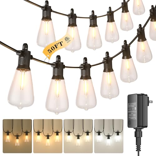 Kawaya Outdoor String Lights for Patio - ST38 Outside IP65 Waterproof Hanging Light with 2700k~6000k Dimmable - 50FT Led Edison Lights for Cafe Bistro Yard Gazebo Porch - size: 50FT Discolor