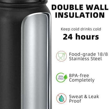 Fanhaw 24 oz Insulated Stainless Steel Water Bottle with Anti-Dust Chug Lid, Leakproof Vacuum Metal Everyday Use Bottle for Kids, Teens & Adults, Back to School Essentials (Black) - color: Black, style: 24 Ounces