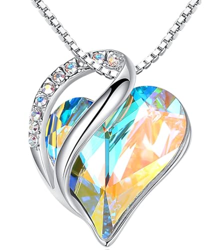 Leafael Gift Necklaces for Women, Infinity Love Birthstone Heart Crystal Pendant, Birthday Anniversary Jewelry for Wife, Mom, and Her, Silver Plated, 18" + 2" Adjustable Chain - color: 04-April-Rainbow Opal White