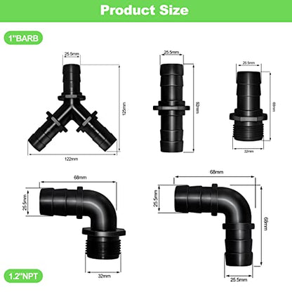 LONGRUN Hose Fittings Pond Hose Adapter, Garden Hose Quick Connect Male 1.2" NPT x 1" Barb Fitting, Pipe Fitting Hose Connector for Pool Spillway Waterfall Fountain Tube with 6 Clamps-11 Pieces Set