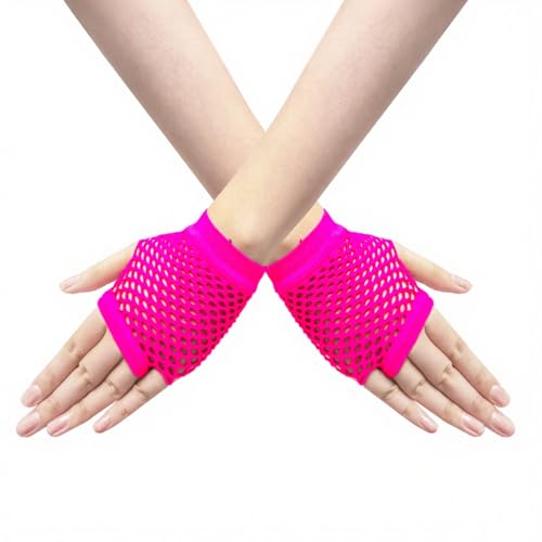 Short Fishnet Gloves for Women Fingerless Mesh Fishing Net Gloves 80s Fish Net Arm Sleeves Halloween Party Cosplay Costume - color: Hot Pink