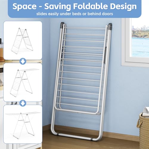 KINGBOARD Clothes Drying Rack Foldable, Metal Drying Rack Clothing with Height-Adjustable, Laundry Rack, Indoor Outdoor Use, No Assembly, 20.47"x 70"x 42.52", White - color: White
