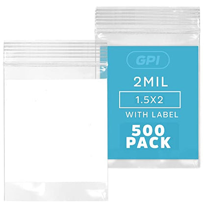 GPI Pack of 500 1.5" x 2" Clear Plastic Reclosable Zip Jewelry Bags - Bulk 2 mil Thick Strong & Durable Poly Baggies With Resealable Zipper Top Lock & write-on white block, for storage & shipping - size: 1.5" x 2"