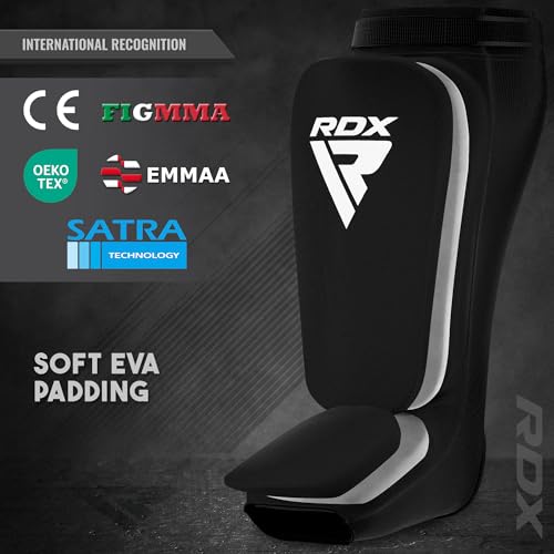 RDX Shin Guards Kickboxing Muay Thai, SATRA Approved, MMA Leg Instep Protection Pads, Sparring Training Martial Arts Boxing, Elasticated Padded Protector, Karate BJJ Taekwondo Gear, Men Women - color: Black, size: Small