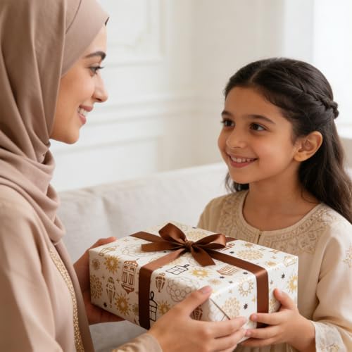 Eid Mubarak Wrapping Paper, White Islamic Ramadan Gift Wrap Paper with Mandala,Lantern,Mosque Pattern for Eid al-Fitr, Ramadan Muslim Celebration - 4 Folded Sheets 20x28 Inches