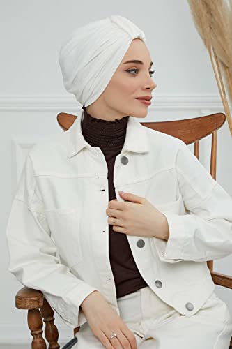 Aisha's Design Instant Turban Plain Cotton Scarf Head Wrap Lightweight Hat Bonnet Cap for Women - color: Ivory