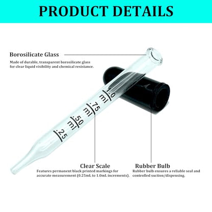 AOMI Glass Eye Dropper for Oils, 10pcs 1ml Glass Dropping Pipettes for Essential Oil, Lab, Medicine, Crafts or Transferring Other Liquid with Rubber Head, Straight Tube with Measurement