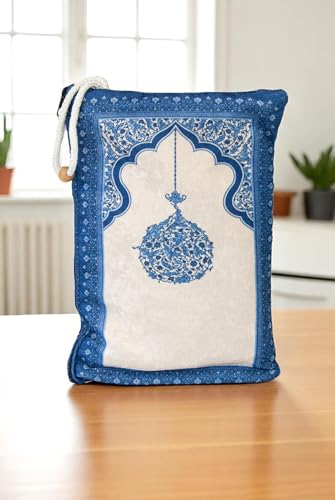 ihvan online Muslim Prayer Rug with Portable Elegant Fabric Bag, Janamaz, Sajadah, Soft Islamic Prayers Rug, Islamic Gifts for Eid Ramadan, Travel Prayer Carpet Mat, Blue - color: Blue