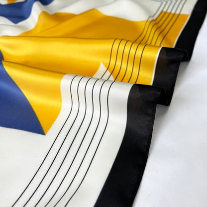 FONYVE Silk Feeling Scarf Medium Square Satin Head Scarf for Women 27.5 × 27.5 inches - color: 04 Geometric Blue & Yellow