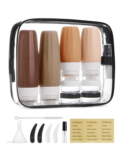 BAGSMART 18 Pack TSA Approved Travel Bottles for Toiletries, Leak Proof Silicone Travel Size Containers Bottles for Shampoo, Earth Tone - color: Earth Tone-3, style: 18 Pack Travel Bottle Set
