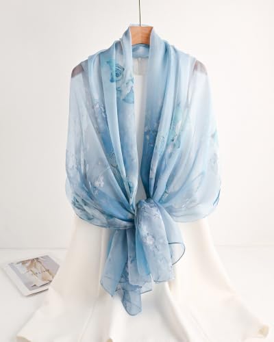 100% Mulberry Silk Scarf for Women, 69'' x 43'' Lightweight Large Silk Chiffon Shawl Wraps Floral Neck Scarf Gift - color: Blue Rose