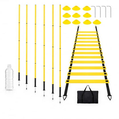 PVC Agility Ladder, 6m Speed and Agility Kit, 10 Training Cones & 6 Marker Poles, Sports Training Set with Carry Bag for Football