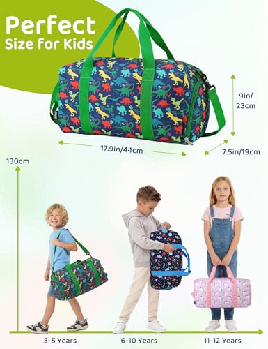 RAVUO Water Resistant Kids Duffel Bag - Overnight Sports Weekender Gym Carry-On Tote Travel Shoulder Bag for Boys with Shoe Compartment and Wet Pocket - color: Dinosaur