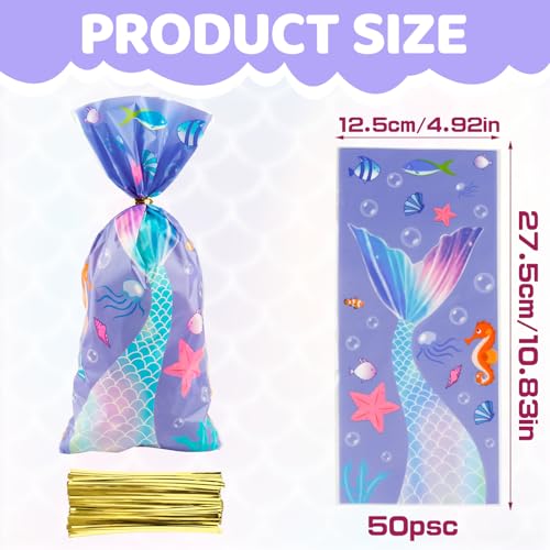 LERCTH 50 PCS Mermaid Gift Bags with Twist Ties - 4.9x10.7 Inch Treat Bags, Mermaid Tail Design Party Favor Bags for Mermaid Theme Party, Ocean Birthday, Summer Pool Party & Beach Events - color: Mermaid goodie bags 50packs