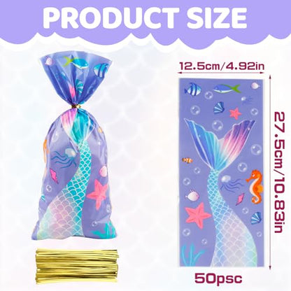 LERCTH 50 PCS Mermaid Gift Bags with Twist Ties - 4.9x10.7 Inch Treat Bags, Mermaid Tail Design Party Favor Bags for Mermaid Theme Party, Ocean Birthday, Summer Pool Party & Beach Events - color: Mermaid goodie bags 50packs