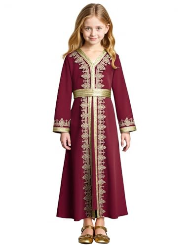 OBEEII Girls Muslim Ramadan Abaya Kids Long Sleeve V Neck Lace Prayer Dress Middle East Arabic Kaftan Dress with Belt - color: Wine Red, size: 3-4 Years