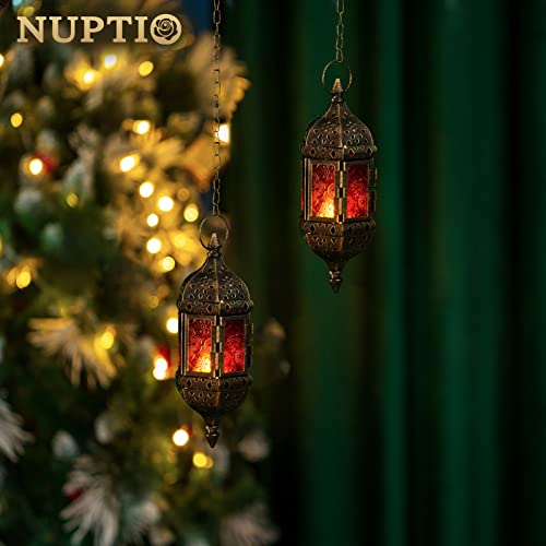 6 Pcs Hanging Hexagon Decorative Moroccan Candle Lantern Holders, Handmade Hanging Tea Light Holder in Bronze Metal & Red & Purple Glass Gift & Decor Items | Hexagon Metal Frames, Red & Purple & Yellow Glass Panels, Handmade Look, for Weddings, Parties, D