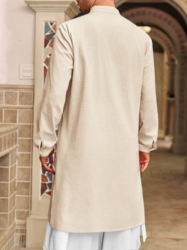 Runcati Mens Kaftan Thobe Button Down Henley Shirts Robe Long Sleeve Casual Cotton Linen Muslim Gown Shirt - color: Beige, size: Medium
