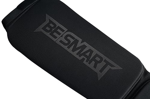 Be Smart MMA Shin Guards for Kickboxing, Muay Thai & Martial Arts – Padded Instep Protection, Lightweight Cotton Elastic Shin Pads – Adult & Youth Training Gear - color: Black/Black, size: Large-X-Large
