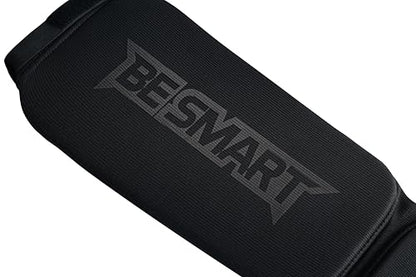 Be Smart MMA Shin Guards for Kickboxing, Muay Thai & Martial Arts – Padded Instep Protection, Lightweight Cotton Elastic Shin Pads – Adult & Youth Training Gear - color: Black/Black, size: Small-Medium