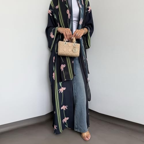 Long Chiffon Cardigan Abayas for Women's Muslim Kaftan | Applique Flower, Hijabs Dress - color: Black