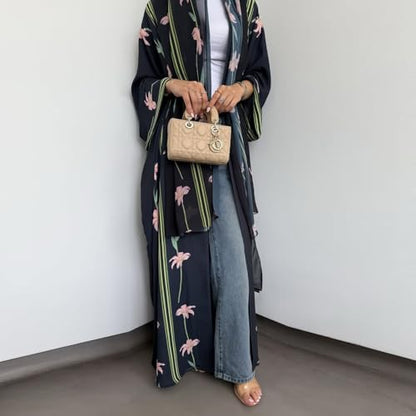 Long Chiffon Cardigan Abayas for Women's Muslim Kaftan | Applique Flower, Hijabs Dress - color: Black