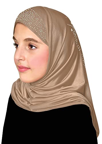 Aiyah Hijab for Girl's 1 piece Elastane-Spandex Amira Head Scarf with Rhinestones Easy Pull-on Headscarf - color: Medium - Beige, size: Medium