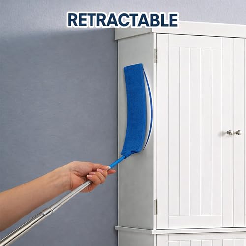 Retractable Gap Dust Cleaner with Extension Pole & 3 Microfiber Cloths | Cleaning Tools with 3 Microfiber Dusting Cloths | Long Handle Duster 30-100'' | Under Refrigerator Furniture Appliance Blue - color: Blue