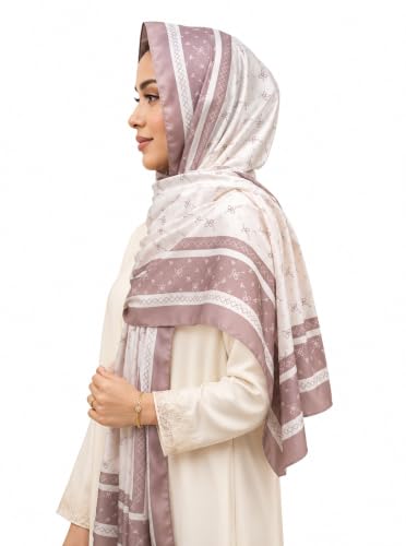 Satin Hijab Scarf for Women, Silk-Feeling Muslim Headscarf, Digital Bow Letter Print Head Wrap Shawl for Summer - color: Beige