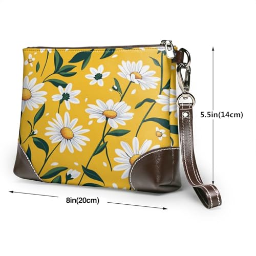 Leather Clutch Purse for Women, Large Capacity Wristlet Wallet with Removable Strap, Zip Handbag - color: Daisies on Yellow Background