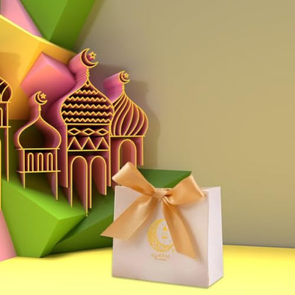 10pcs Eid Gift Bags Ramadan Snack Bags Candy Box with Gold Ribbon, Reusable Eid Mubarak Bags for Festive Party Wrapping - color: Style1