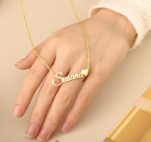 TinyName Custom Name Necklace Personalized 18K Gold Plated Nameplate Customized Jewelry Gift for Women - color: Horizontal Name Necklace-Heart 2