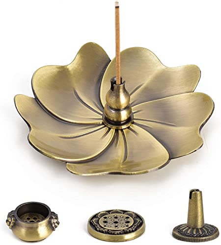 Sakura Flower Incense Holder, 5PCS Bronze Incense Burner Holder with Silk Pouch, Bowl-Shape, Lotus Multihole, Cone Shape and Gourd-Shape Ash Catcher Yoga Room Living Room Bedroom Home Fragrance - color: Bronze, 5 Pcs