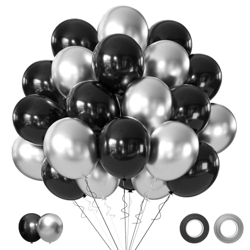 Black and Silver Balloons, 50PCS 12 Inch Silver Balck Latex Balloons Black Silver Party Balloons for Birthday,Graduation,New Years,Wedding,Engagement Party Decorations - color: Black Silver