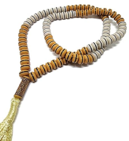 Islam Tasbih 99 Beads 8 mm. AMN-409 Muslim Prayer dhikr Misbaha Rosary with Beautiful Decorated Tassel Eid Ramadan Gift (Yellow/Cream) - color: Yellow/Cream