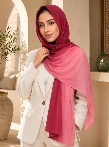 Gradient Dual Color Scarf，Elegant Ombre Headwraps Hijab, Modal Cotton Feel Lightweight Sunscreen Shawls for Women - color: 9#redpink