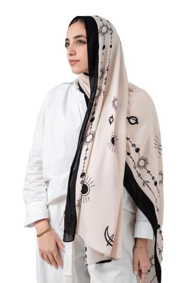 Hijab Modest and Elegant | Beautifully Designed Printed Chiffon Patterns | Muslim Women Head Scarf and Veil - color: Beige