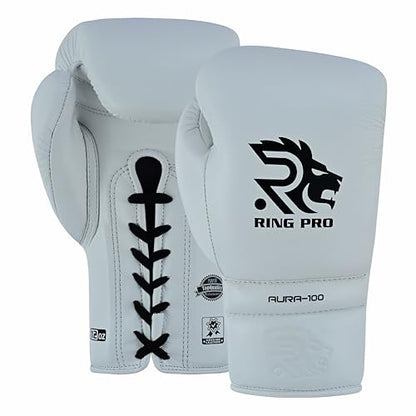 Aura 100 Full Grain Leather Lace Up Boxing Gloves for Men & Women – Professional Training, Sparring, Competition, Muay Thai, Kickboxing & Heavy Bag Gloves - color: White, size: 10 OZ