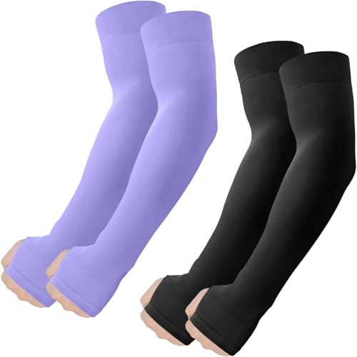 ROXUN Arm Sleeves with Thumb Hole, Cooling UV Sun Protection Compression Tattoo Cover Up for Men/Women - color: 2 Pairs - Black+purple