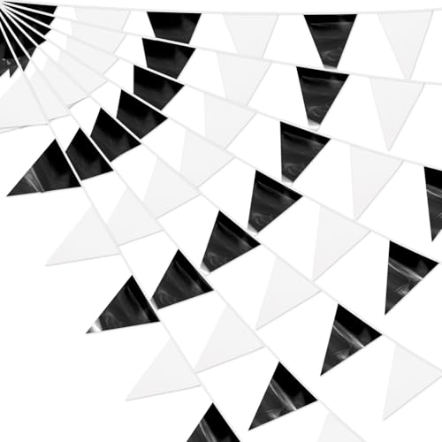 4P Black White Party Decorations - Metallic Fabric Triangle Pennant Banner Flags - Indoor/Outdoor Bunting Garland for Birthday, Wedding, Graduation & Theme Parties - color: Black White