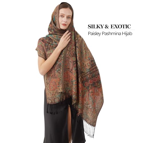 Paisley Pashmina Rave Shawl Scarf-Women's Reversible Ethnic Jacquard Pashmina Wraps for Travel - color: A#. Black Green Plum