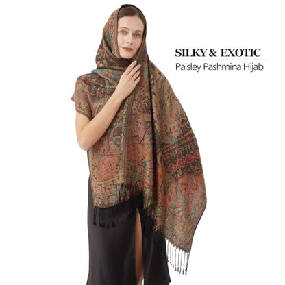 Paisley Pashmina Rave Shawl Scarf-Women's Reversible Ethnic Jacquard Pashmina Wraps for Travel - color: A#. Black Green Plum