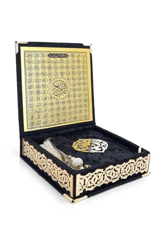 ihvan online, The Holy Qur'an Set, Islamic Prayer Gift Box with Pocket-sized Velvet Covered Quran, Tesbih, Inner Lid Names of Allah (Asmaul Husna), 3 Pieces for Ramadan & Eid & Dowry Gifts, Black - color: Black