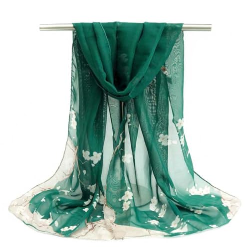 Xyueanlo Women's Chiffon Scarf Lightweight Scarves Fashion Elegant Floral Print Scarfs Shawls - color: Little Plum Blossom Dark Green